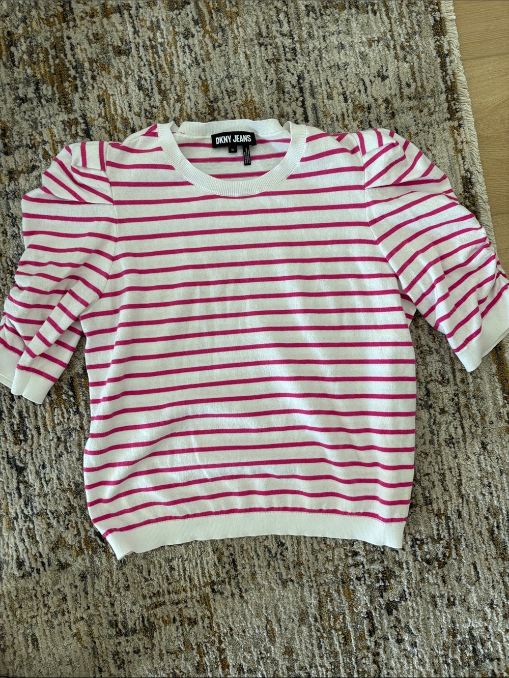 DKNY White and Pink Striped Short Sleeve Knit Top